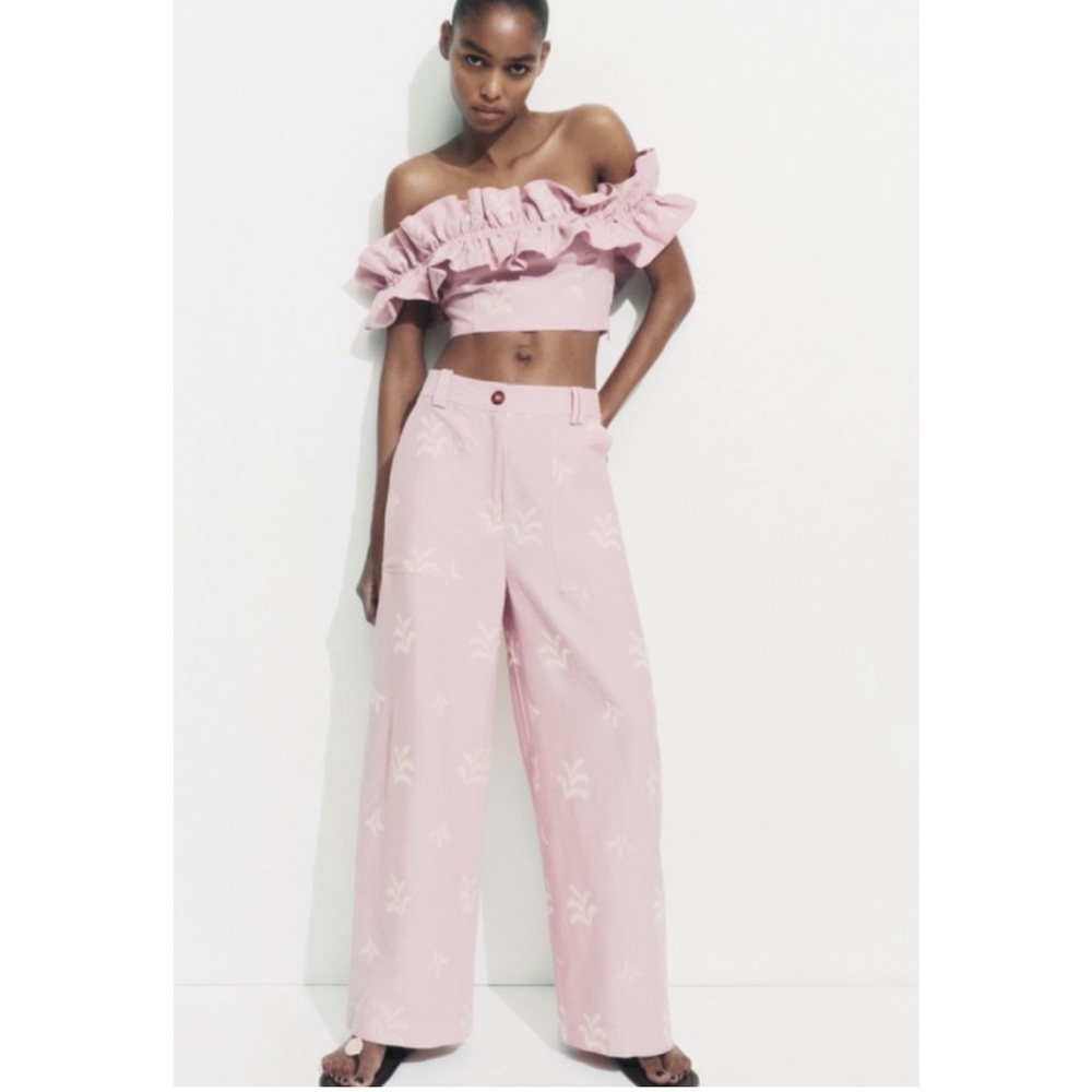 Zara Women's 2 Piece Linen Floral Wide Leg Set. Brand New Size Medium